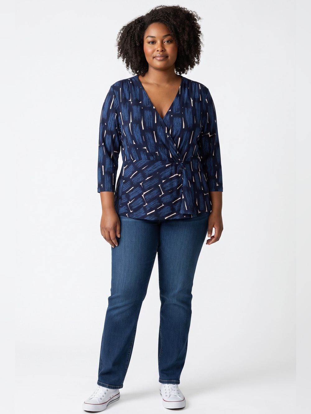 Ann Taylor Women’s Navy Blue & Cream Faux Wrap Blouse